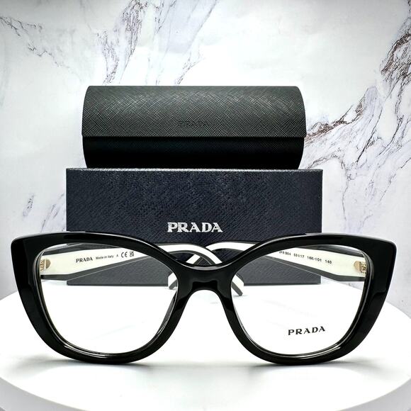 New PRADA Eyeglasses Cat Eye Black White Gold 53-17-140 Womens main image 3